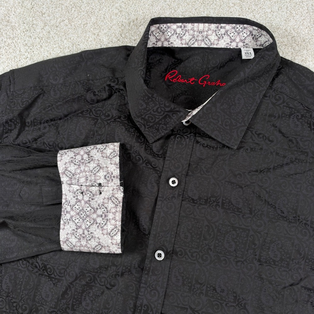 Robert Graham Button Down Shirt Mens 3XL Black Paisley Jacquard Skull Cuffs